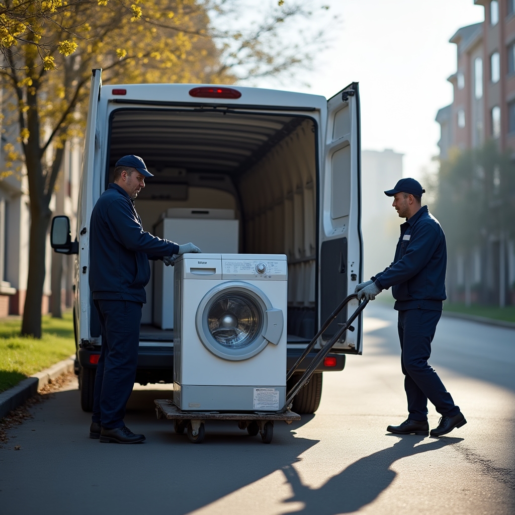 Загрузка бытовой техники в грузовой автомобиль для вывоза