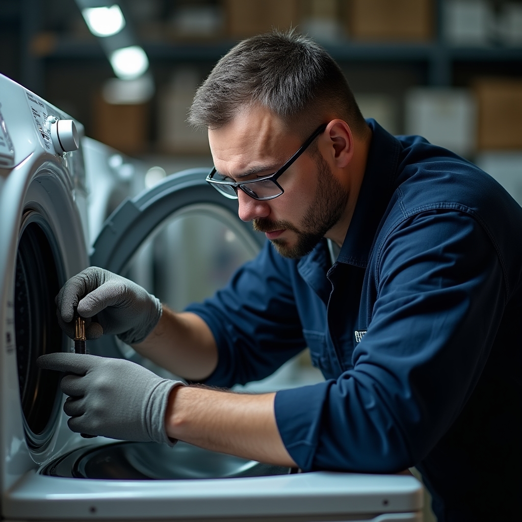 Техник разбирает стиральную машину в мастерской крупным планом